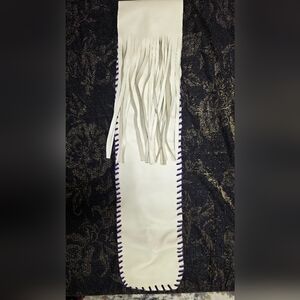 Handmade Off White Leather Flute Bag With Purple Stitching And Fringed Flap